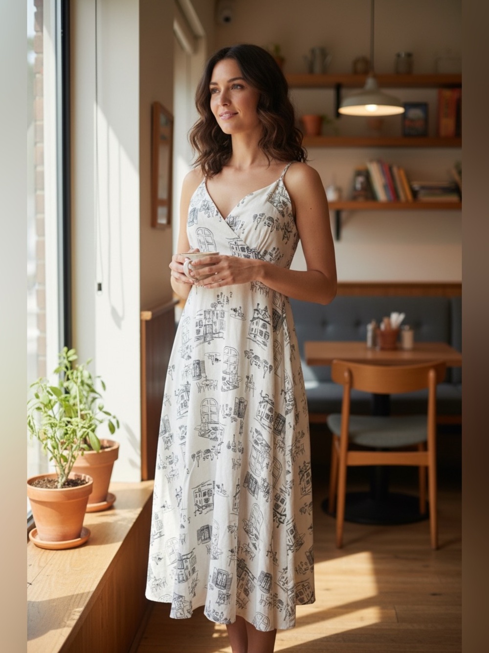 By the River Sleeveless White & Black Parisian scenery Midi Dress NWT.